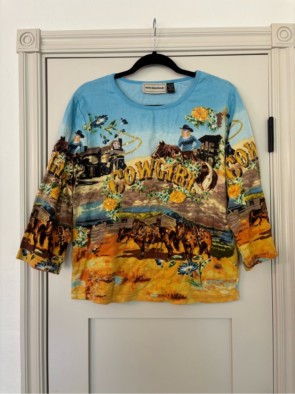 Bit & Bridle Cowgirl western embellished maximalist 3/4 sleeve top size XL